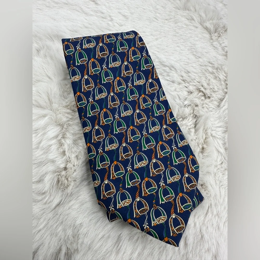 Salvatore Ferragamo Equestrian Silk Tie‎ Navy Green Orange | Made in Italy